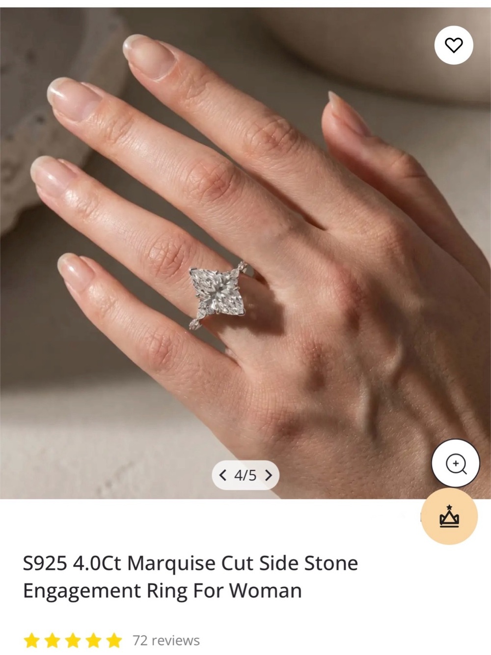 Marquise-Cut Silver Engagement Ring with Clear Stone - White